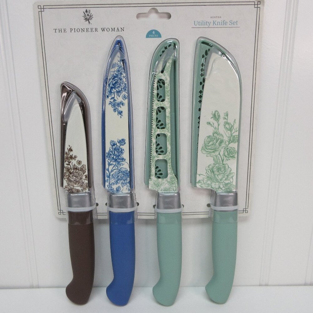 Pioneer Woman Agatha Floral Stainless Steel Utility Knife 4pc Set Green Blue